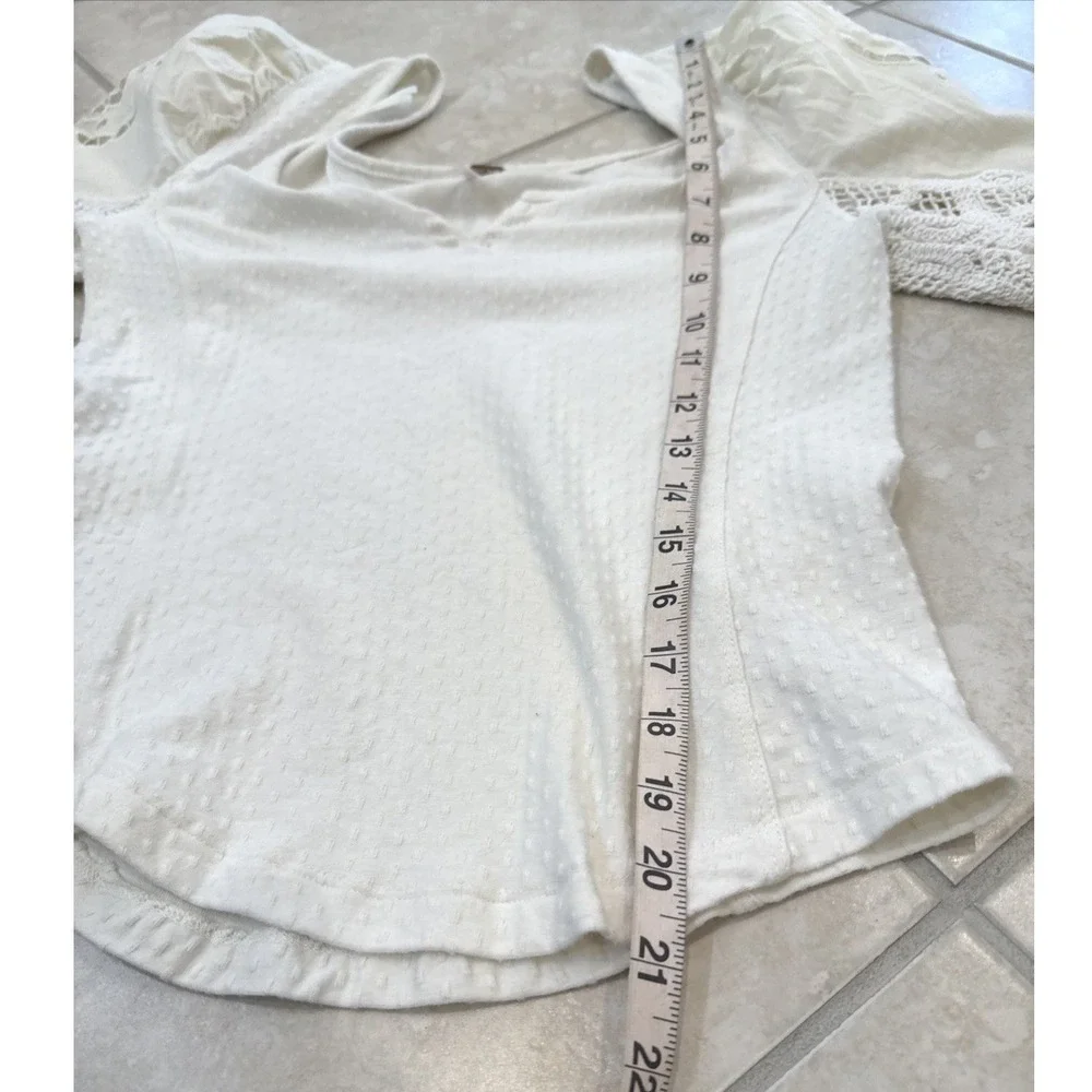 Free People Cream Swiss Dot Crochet Eyelet Lace Sleeve Boho Top‎ Small Ivory